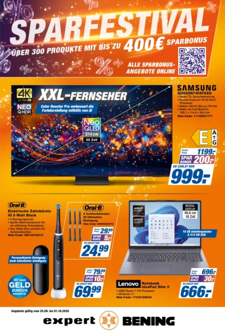 Expert Bening Prospekt ab 25.09.2026 (KW 40) Expert Bening Prospekt ab 25.09.2026 Seite 1 mit Samsung Neo QLED TV, Oral-B Zahnbürste und Lenovo Notebook.
