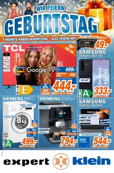 Expert Klein Prospekt ab 03.10.2026 (KW 41) Expert Klein Prospekt ab 03.10.2026 Seite 1 mit TCL Google TV, Samsung Galaxy A57, Siemens Waschmaschine & Kaffeeautomat