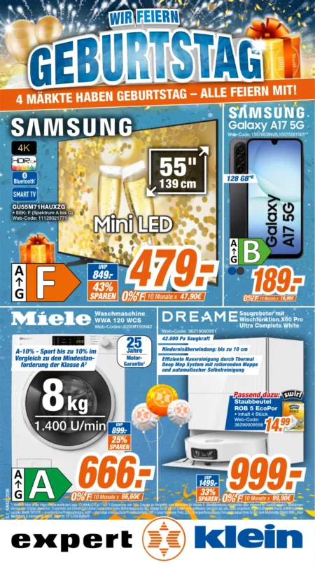 Expert Klein Prospekt ab 12.10.2026 (KW 42) Expert Klein Prospekt ab 12.10.2026 Seite 1 mit Samsung 4K Mini LED TV, Galaxy A17, Miele Waschmaschine & Dreame Saugroboter