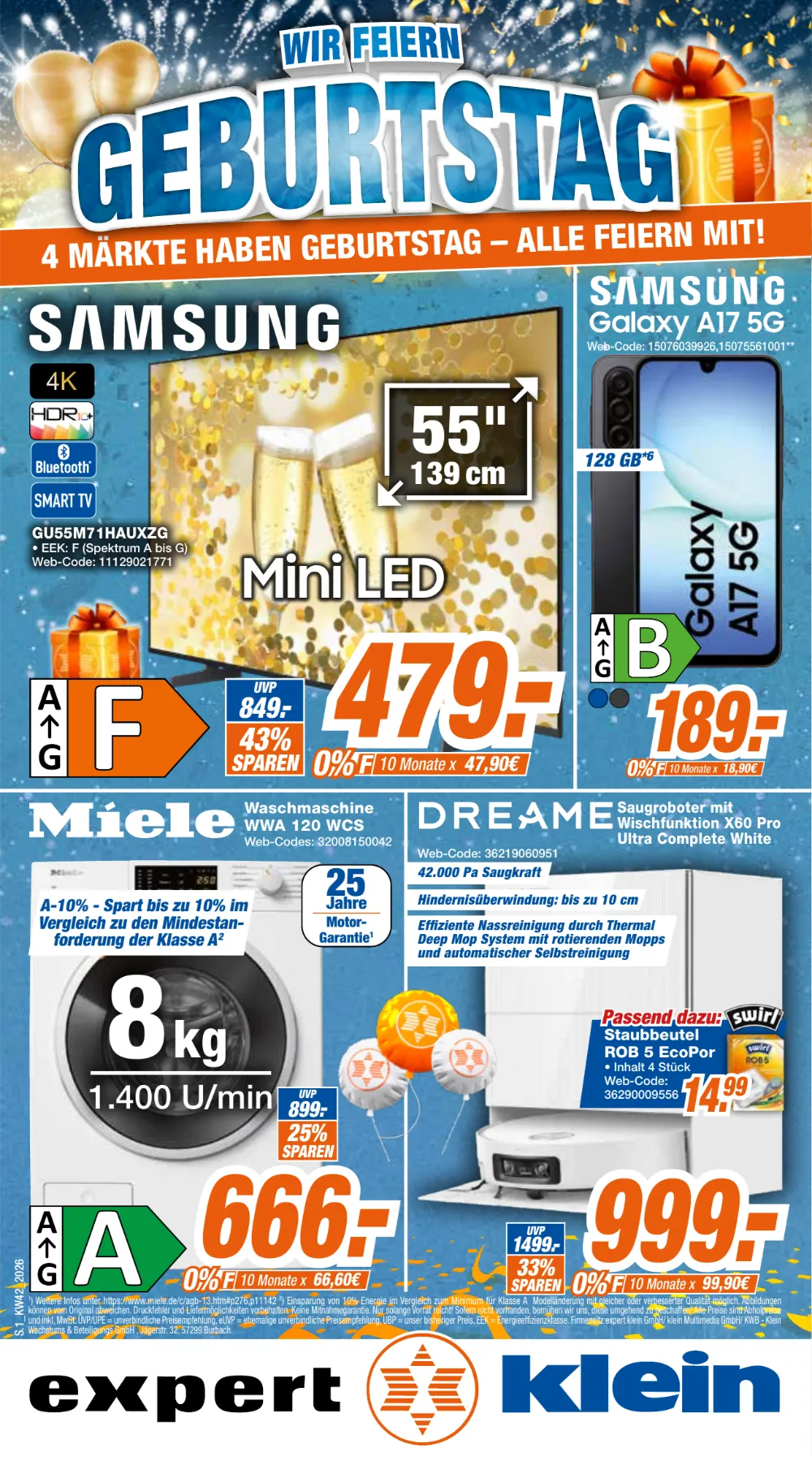 Expert Klein Prospekt ab 12.10.2026 Seite 1 mit Samsung 4K Mini LED TV, Galaxy A17, Miele Waschmaschine & Dreame Saugroboter