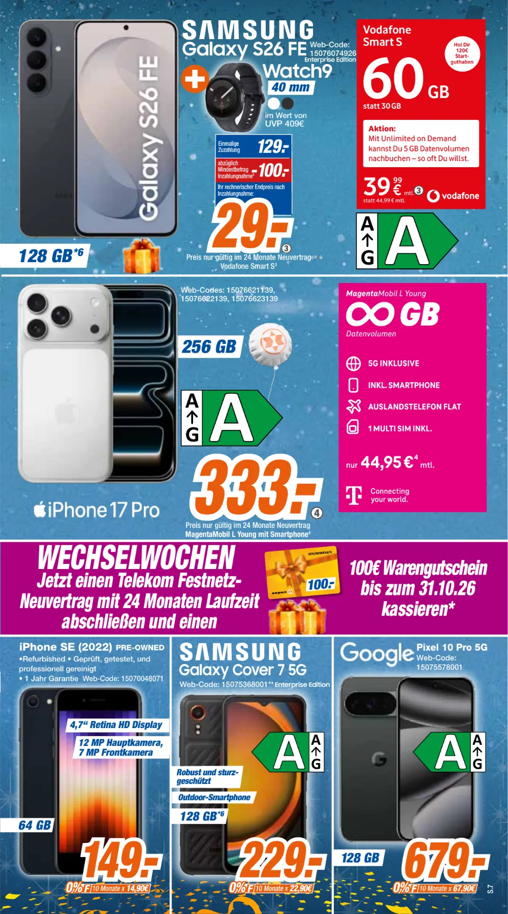 Expert Klein Prospekt KW 42 Seite 7 mit Samsung Galaxy S26 FE, iPhone 17 Pro, iPhone SE & Google Pixel 10 Pro 5G