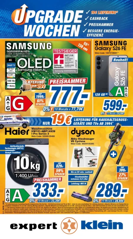 Expert Klein Prospekt ab 19.09.2026 (KW 39) Expert Klein Prospekt ab 19.09.2026 Seite 1 mit Samsung OLED TV, Galaxy S26 FE, Haier Waschmaschine und Dyson Staubsauger.