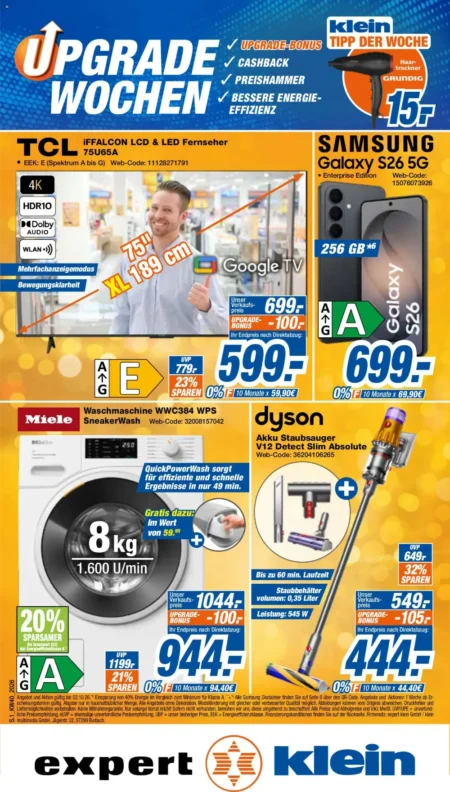 Expert Klein Prospekt ab 28.09.2026 (KW 40) Expert Klein Prospekt ab 28.09.2026 Seite 1 mit TCL Fernseher, Samsung Galaxy S26, Miele Waschmaschine und Dyson Staubsauger.
