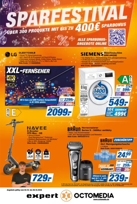 Expert Octomedia Prospekt ab 02.10.2026 (KW 41) Expert Octomedia Angebote ab 02.10.2026 Seite 1 mit Angeboten für LG OLED TV, Siemens Waschmaschine, E-Scooter & Braun Rasierer
