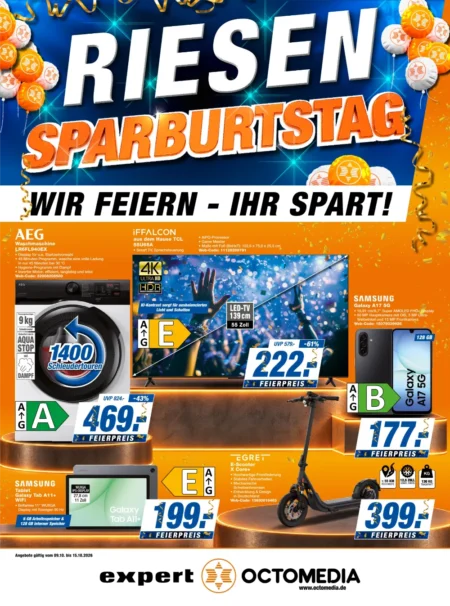 Expert Octomedia Prospekt ab 09.10.2026 (KW 42) Expert Octomedia Prospekt ab 09.10.2026 Seite 1 mit AEG Waschmaschine, iFFALCON TV, Galaxy A17 & Egret E-Scooter
