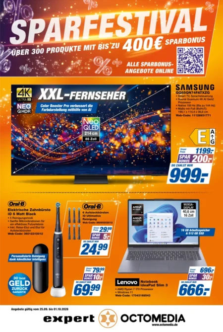 Expert Octomedia Prospekt ab 25.09.2026 (KW 40) Expert OCTOMEDIA Prospekt ab 25.09.2026 Seite 1 mit Samsung Neo QLED TV, Oral-B Zahnbürste und Lenovo Notebook.