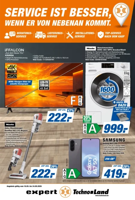 Expert Techno-Land Angebote im Prospekt ab 18.09.2026 (KW 39) Expert Techno-Land Angebote ab 18.09.2026 Seite 1 mit Angeboten für iFFALCON TV, Miele Waschmaschine & Samsung Handy.
