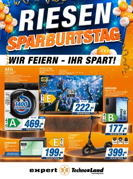 Expert Techno-Land Prospekt ab 09.10.2026 (KW 42) Expert Techno-Land Prospekt ab 09.10.2026 Seite 1 mit AEG Waschmaschine, iFFALCON TV, Galaxy A17 & Egret E-Scooter