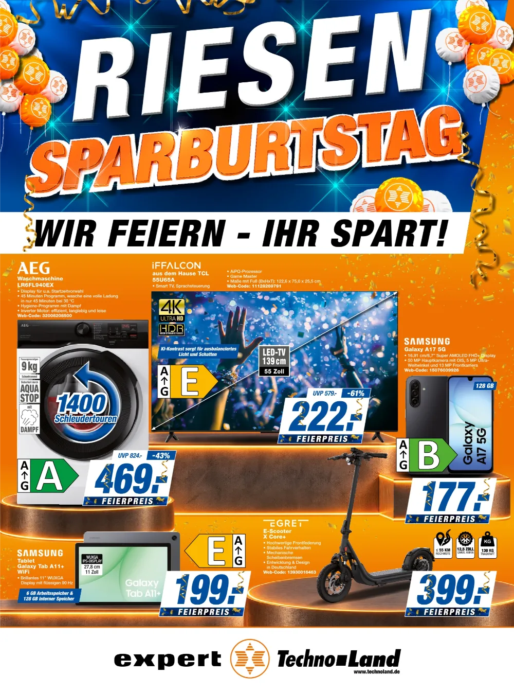Expert Techno-Land Prospekt ab 09.10.2026 Seite 1 mit AEG Waschmaschine, iFFALCON TV, Galaxy A17 & Egret E-Scooter