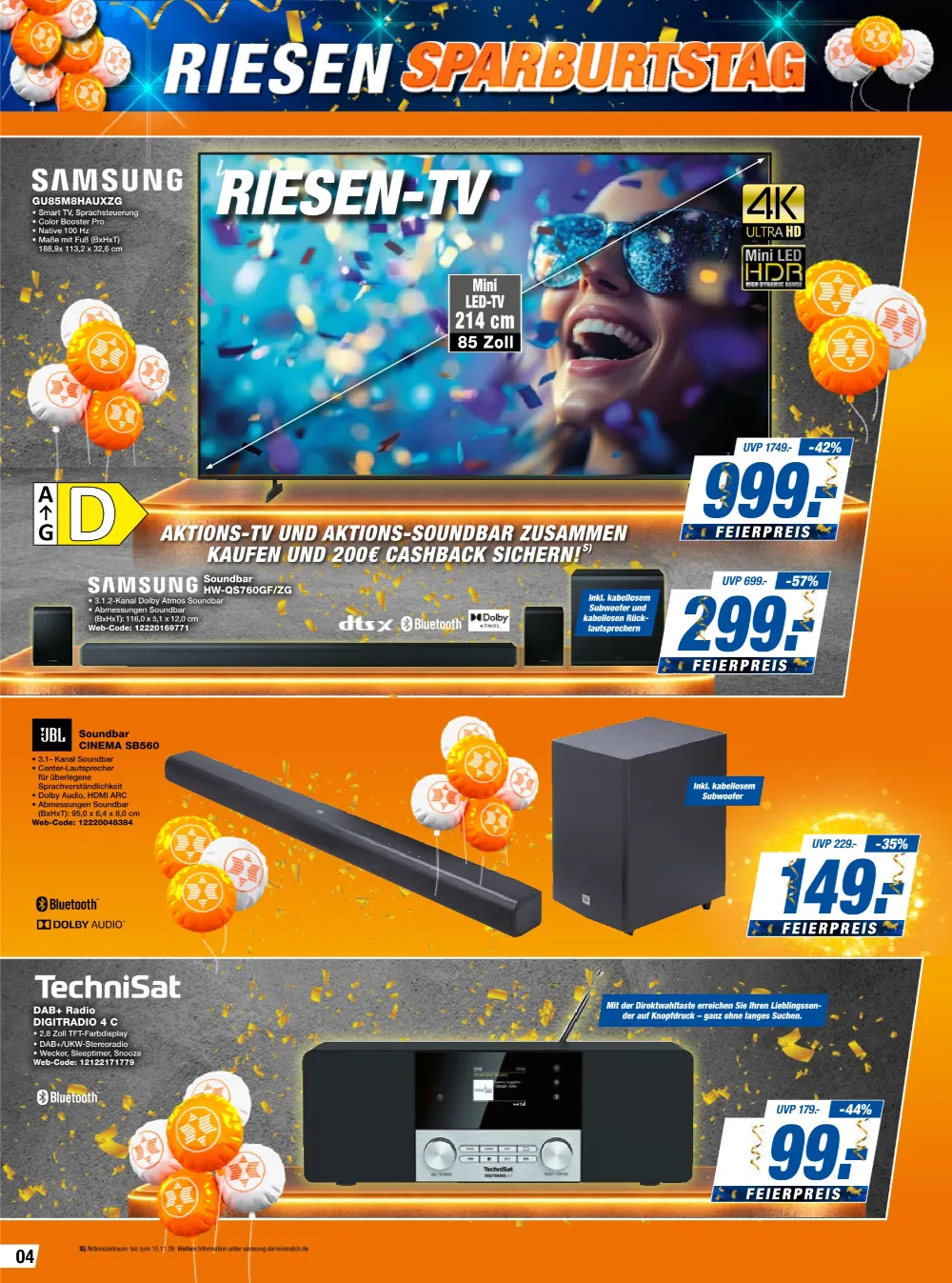Expert Techno-Land Prospekt KW 42 Seite 4 mit Samsung 85 Zoll TV, Samsung Soundbar, JBL Soundbar & TechniSat Radio