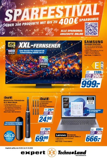 Expert Techno-Land Prospekt ab 25.09.2026 (KW 40) Expert Techno-Land Prospekt ab 25.09.2026 Seite 1 mit Samsung Neo QLED TV, Oral-B Zahnbürste und Lenovo Notebook.