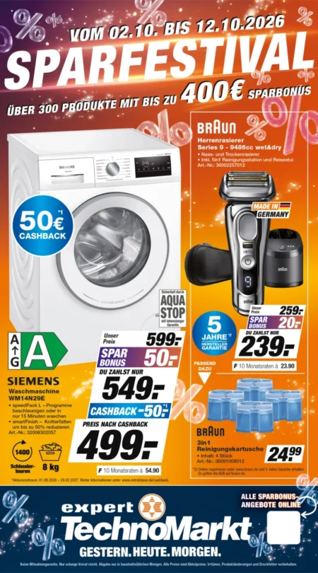 Expert TechnoMarkt Prospekt ab 02.10.2026 (KW 41) Expert TechnoMarkt Prospekt ab 02.10.2026 Seite 1 mit Siemens Waschmaschine & Braun Series 9 Herrenrasierer