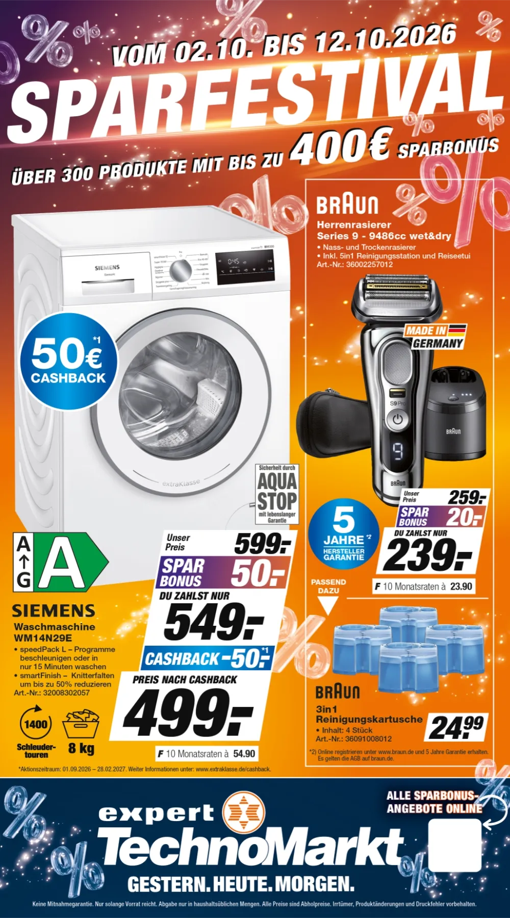 Expert TechnoMarkt Prospekt ab 02.10.2026 Seite 1 mit Siemens Waschmaschine & Braun Series 9 Herrenrasierer