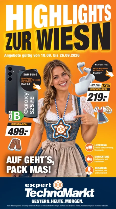 Expert TechnoMarkt Prospekt ab 18.09.2026 (KW 39) Expert TechnoMarkt Prospekt ab 18.09.2026 Seite 1 mit Samsung Galaxy S25 FE und AirPods Pro 3