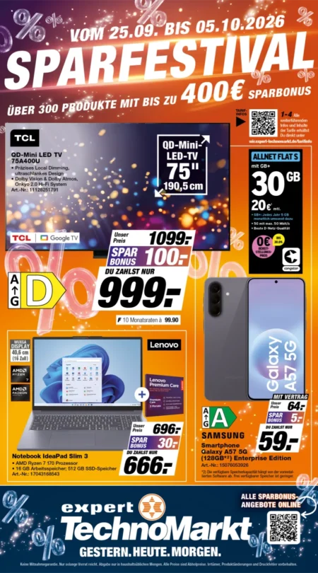 Expert TechnoMarkt Prospekt ab 25.09.2026 (KW 40) Expert TechnoMarkt Prospekt ab 25.09.2026 Seite 1 mit TCL QD-Mini LED TV, Samsung Smartphone und Lenovo Notebook.