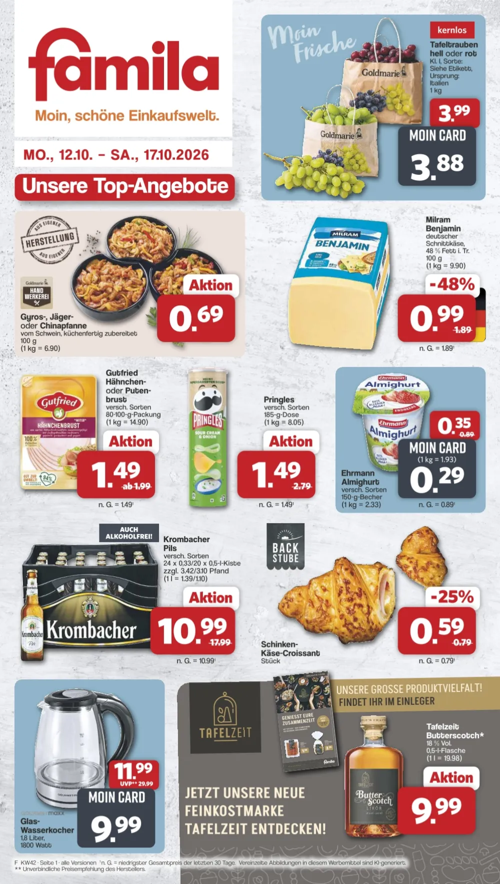Famila Angebote ab 12.10.2026 Seite 1 mit angeboten für Tafeltrauben, Gyros, Milram Benjamin, Gutfried, Pringles & Almighurt