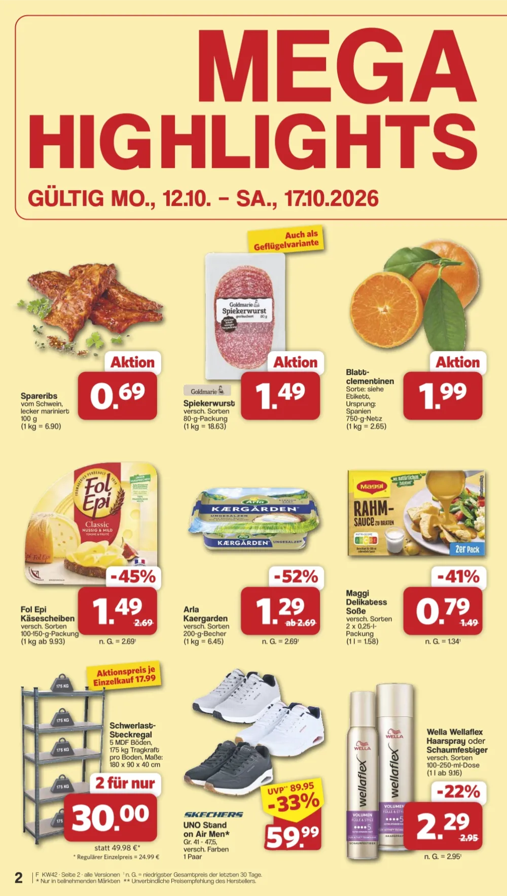Famila Angebote KW 42 Seite 2 mit angeboten für Spareribs, Spiekerwurst, Clementinen, Fol Epi, Arla & Schwerlast-Steckregal