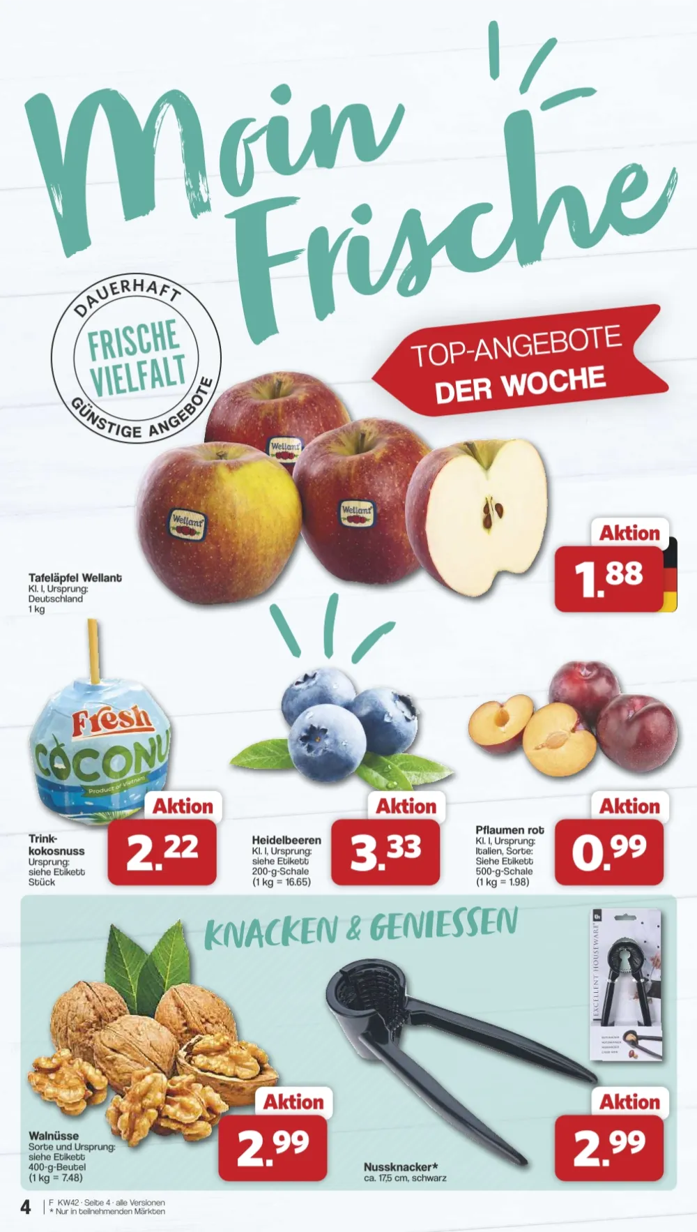 Famila Angebote KW 42 Seite 4 mit angeboten für Äpfel Wellant, Trink-Kokosnuss, Heidelbeeren, Pflaumen, Walnüsse & Nussknacker