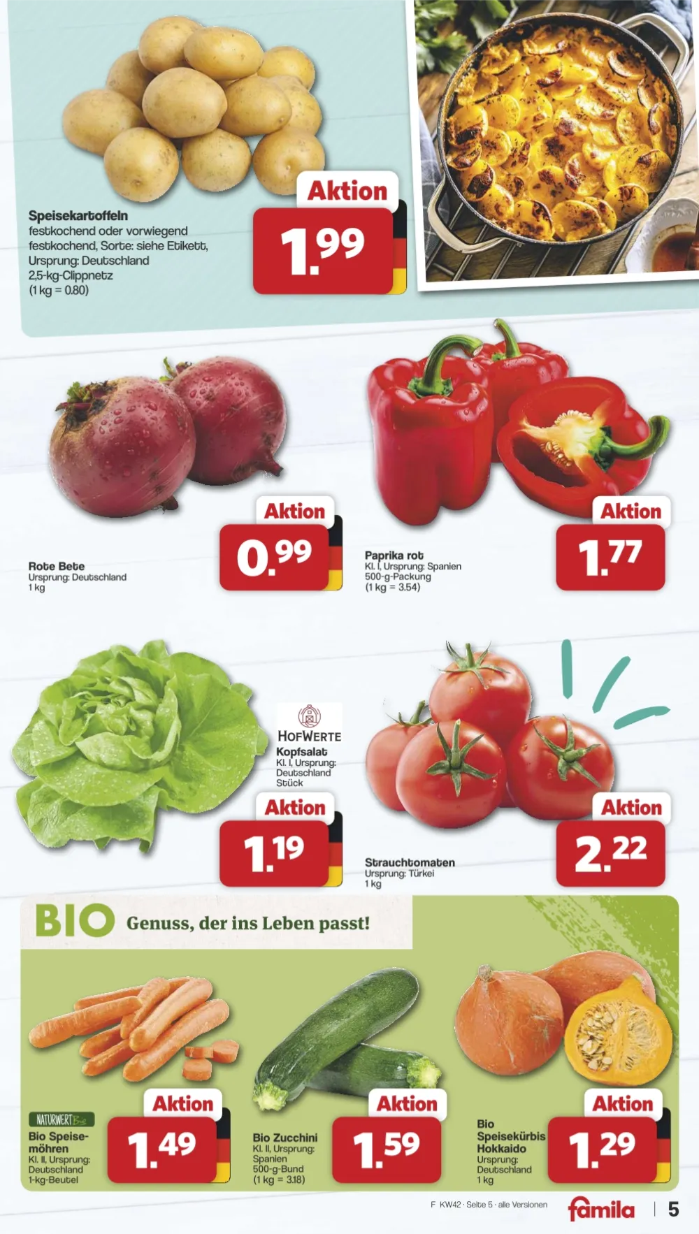 Famila Angebote KW 42 Seite 5 mit angeboten für Speisekartoffeln, Rote Bete, Paprika, Kopfsalat, Strauchtomaten & Bio-Möhren