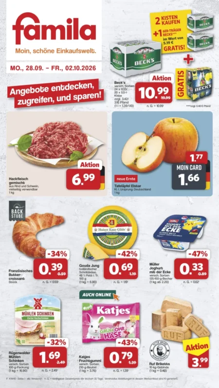 Famila Angebote im Prospekt ab 28.09.2026 (KW 40) Nordwest Famila Angebote ab 28.09.2026 Seite 1 mit Angeboten für Beck's, Hackfleisch, Tafeläpfel, Buttercroissants und Gouda.