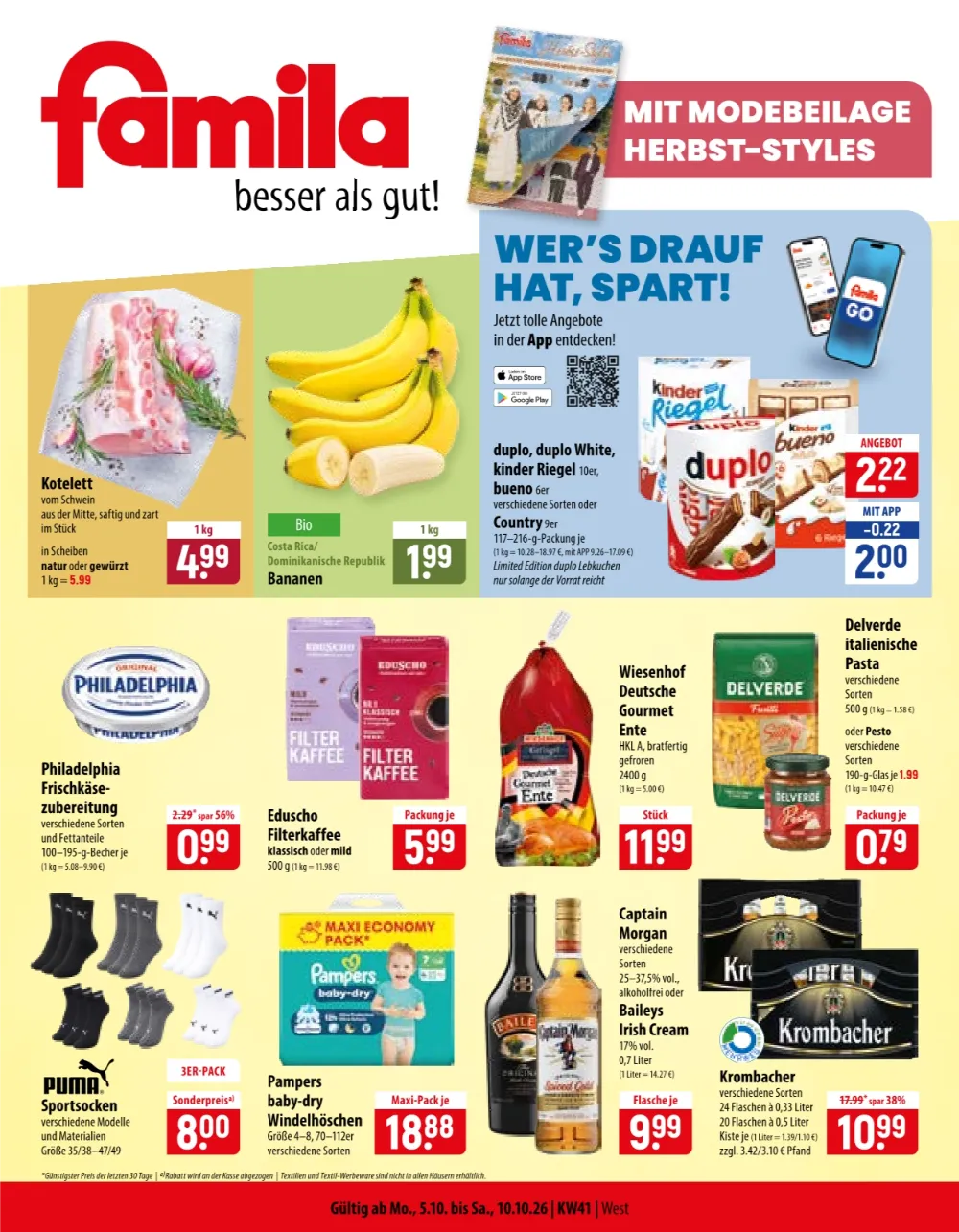 Famila Nordost Angebote ab 05.10.2026 Seite 1 mit Angeboten für Kotelett, Bananen, duplo, Philadelphia und Krombacher