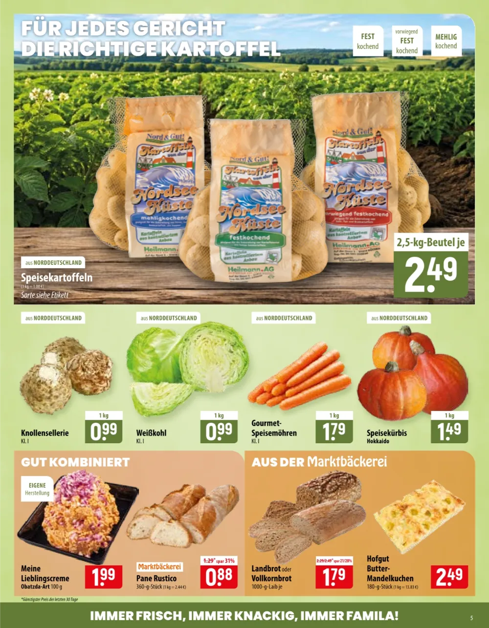 Famila Nordost Angebote KW 41 Seite 5 mit Angeboten für Kartoffeln, Weißkohl, Möhren, Kürbis, Landbrot und Kuchen