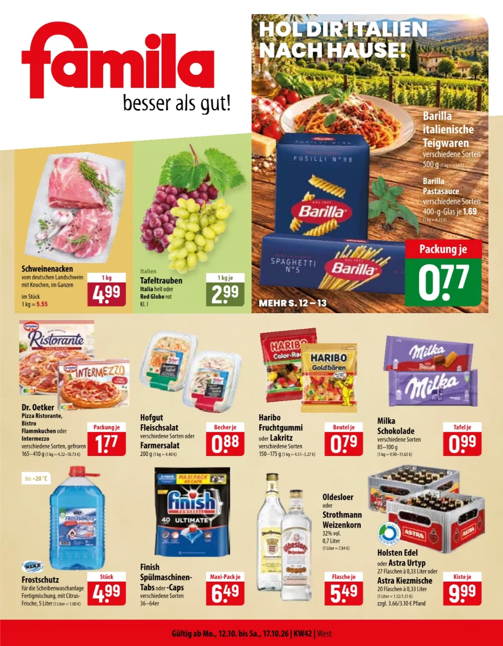 Famila Nordost Prospekt ab 12.10.2026 Seite 1 mit Schweinenacken, Tafeltrauben, Barilla Pasta, Haribo & Milka Schokolade