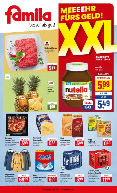 Famila Nordost Prospekt ab 28.09.2026 (KW 40) Famila Nordost Prospekt ab 28.09.2026 Seite 1 mit Rinderhackfleisch, Nutella, Ananas, Dr. Oetker Pizza und Somat.