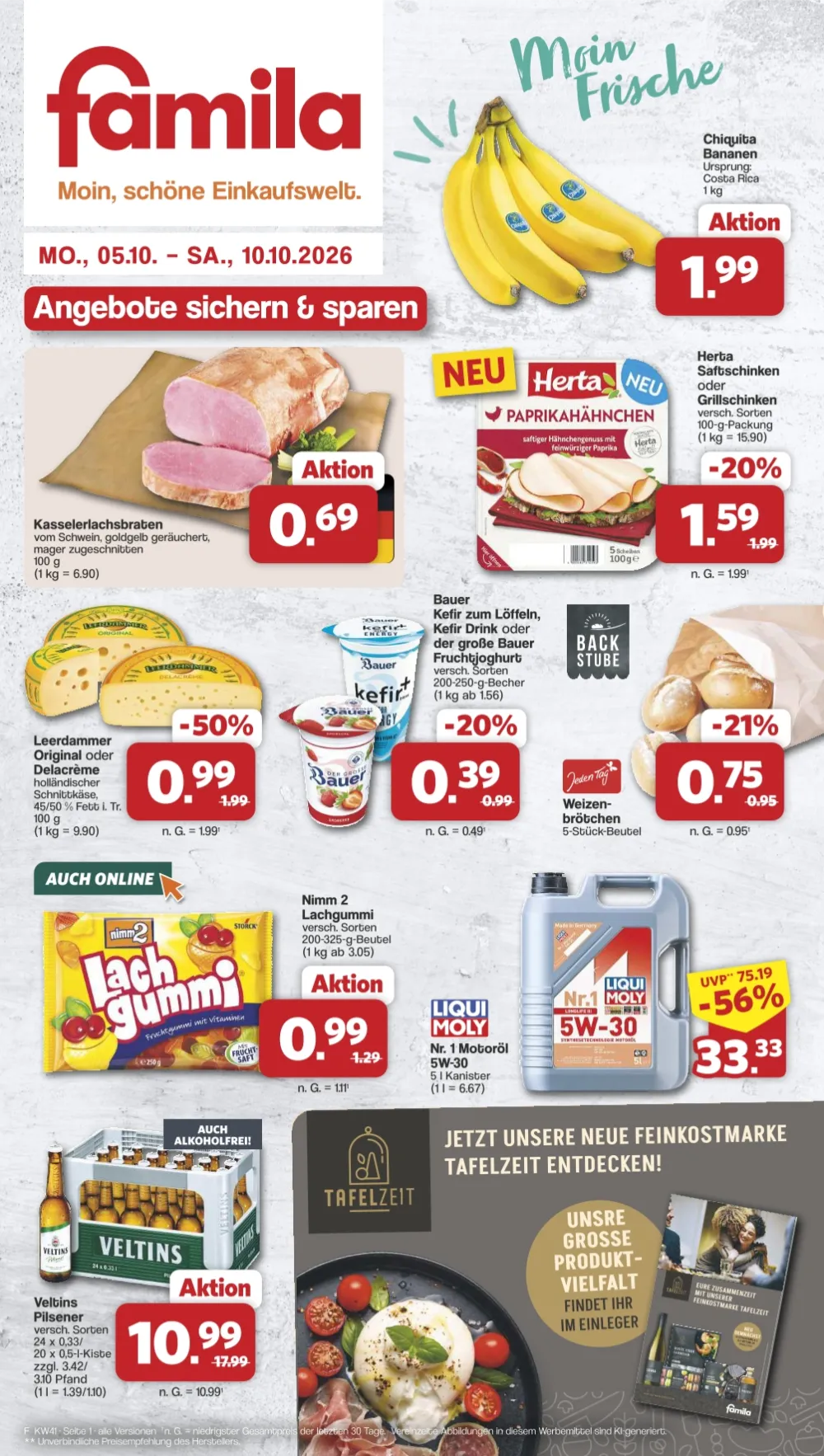 Famila Prospekt ab 05.10.2026 Seite 1 mit Chiquita Bananen, Kasselerlachsbraten, Leerdammer, Nimm 2 & Veltins