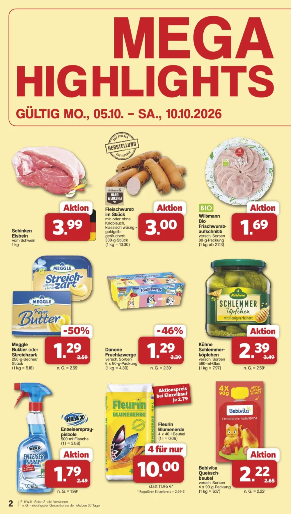 Famila Prospekt KW 41 Seite 2 mit Eisbein, Fleischwurst, Meggle Butter, FruchtZwergen & Fleurin Blumenerde