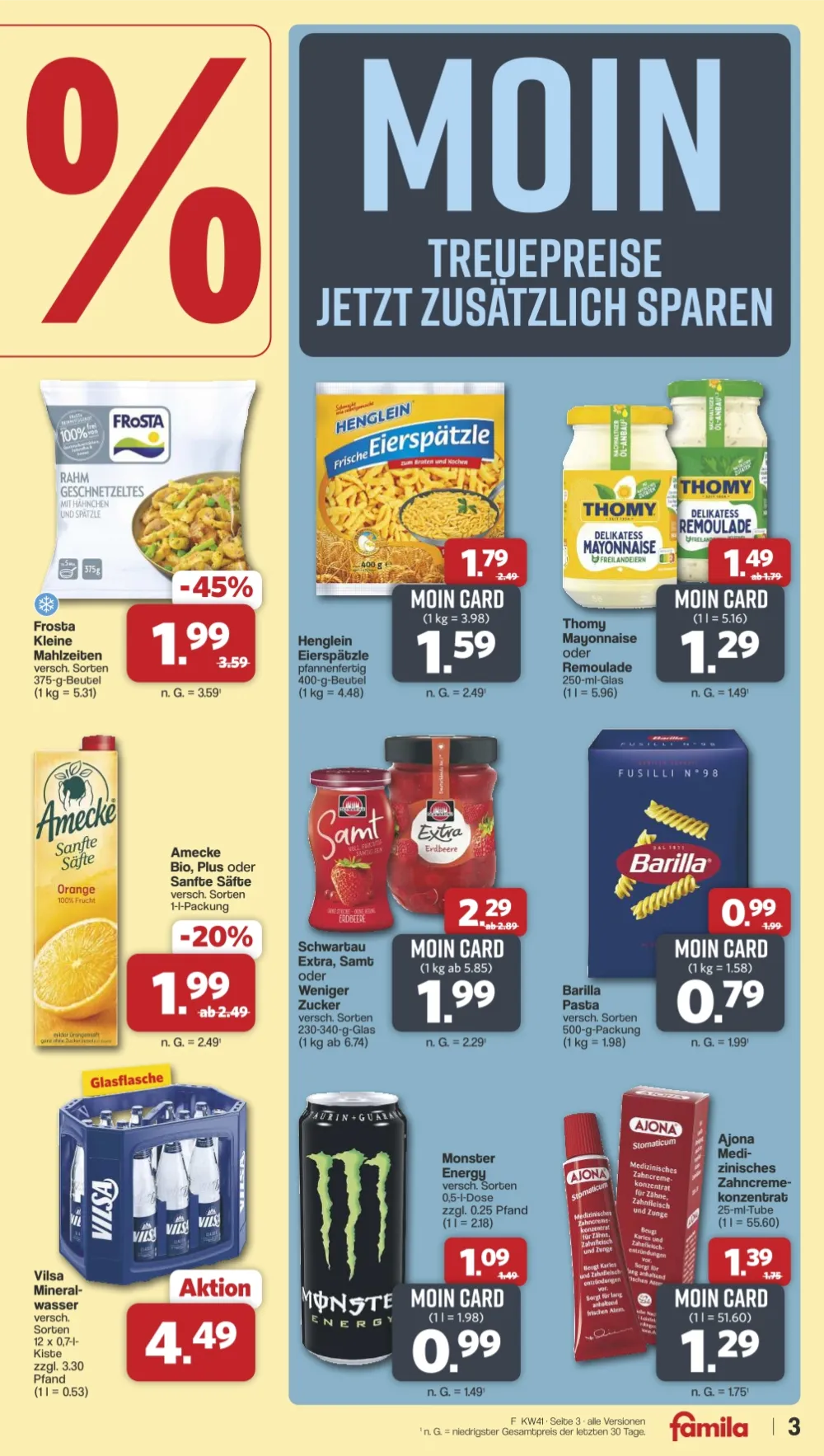 Famila Prospekt KW 41 Seite 3 mit FroSta Mahlzeiten, Henglein Eierspätzle, Thomy Mayonnaise & Barilla Pasta