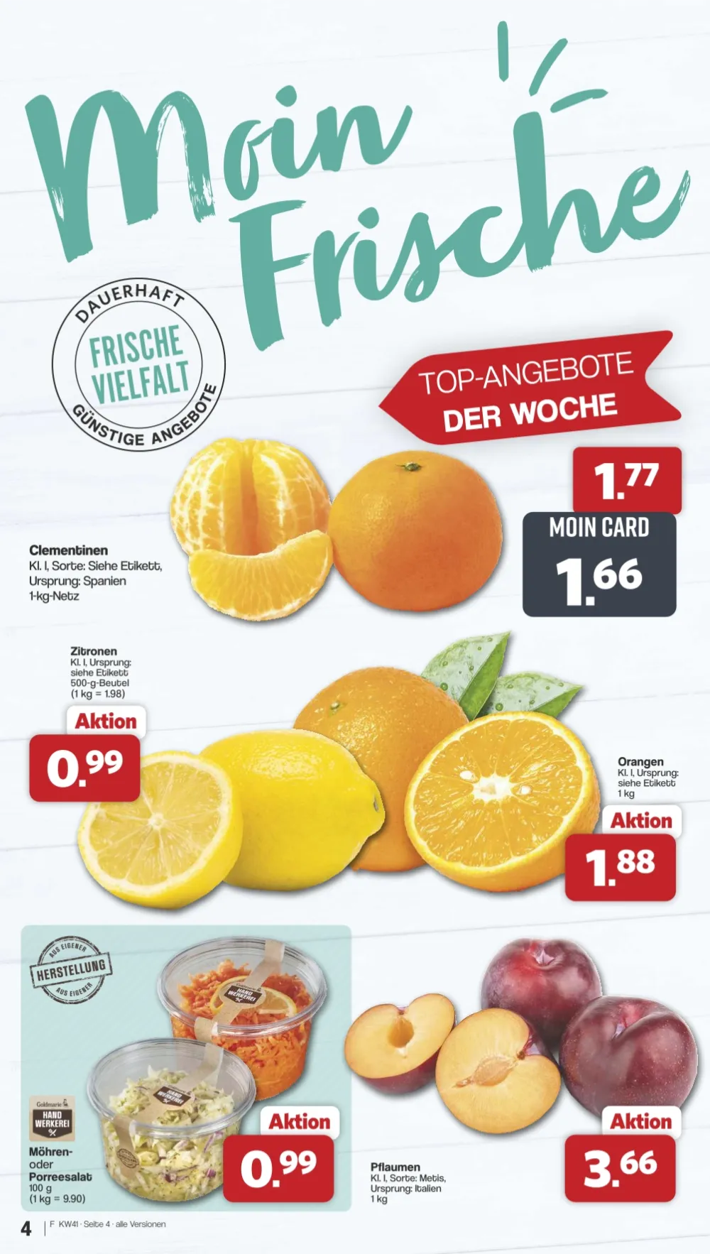Famila Prospekt KW 41 Seite 4 mit Clementinen, Zitronen, Orangen, Möhrensalat & Pflaumen