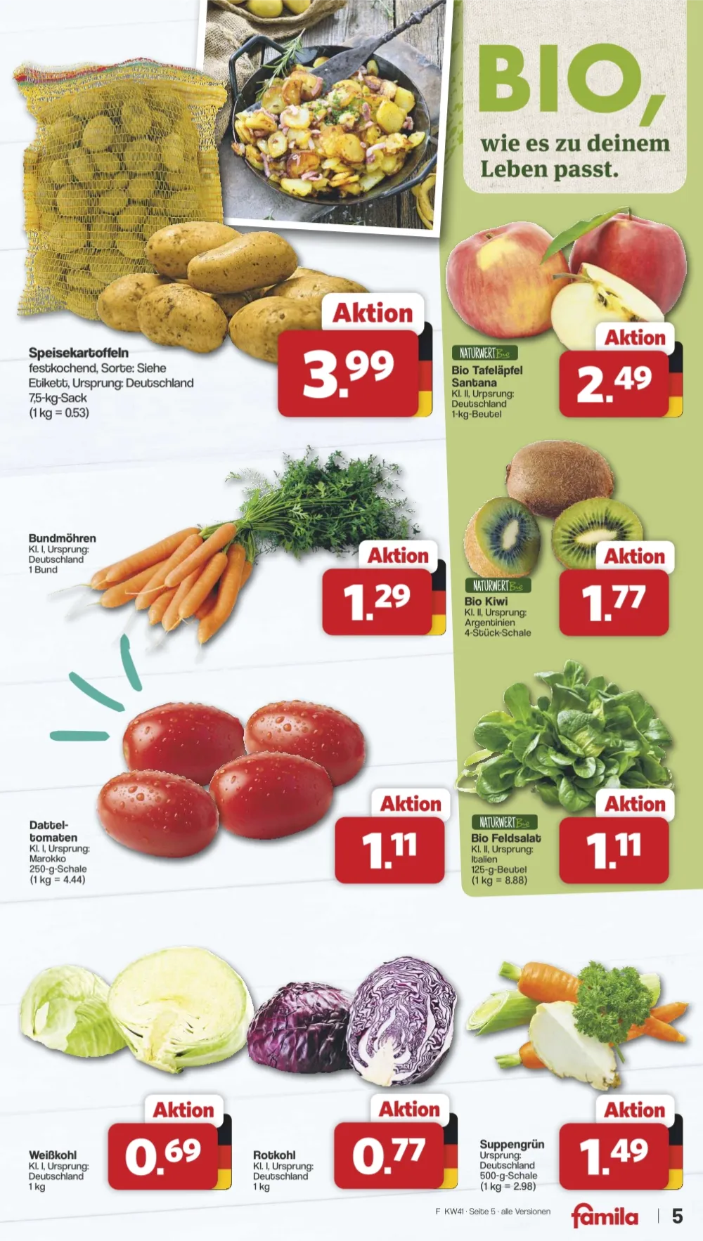 Famila Prospekt KW 41 Seite 5 mit Speisekartoffeln, Bundmöhren, Datteltomaten, Bio Äpfeln & Bio Kiwis