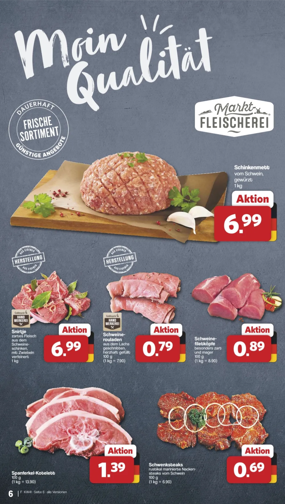 Famila Prospekt KW 41 Seite 6 mit Schinkenmett, Snirtje, Schweinerouladen, Spanferkel-Kotelett & Schwenksteaks