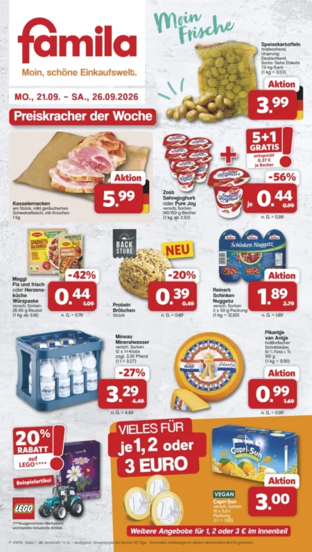 Famila Prospekt ab 21.09.2026 (KW 39) Nordwest Famila Prospekt ab 21.09.2026 Seite 1 mit Kartoffeln, Kasselernacken, Zott Sahnejoghurt, Maggi Fix & Capri-Sun.