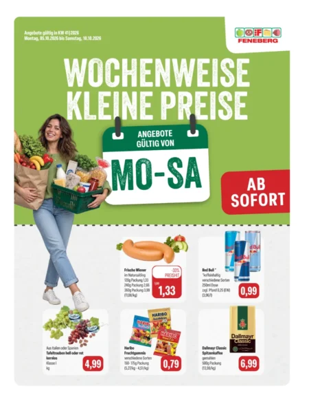 Feneberg Angebote im Prospekt ab 05.10.2026 (KW 41) Feneberg Angebote ab 05.10.2026 Seite 1 mit Angeboten für Wiener, Red Bull, Tafeltrauben, Haribo & Dallmayr Kaffee