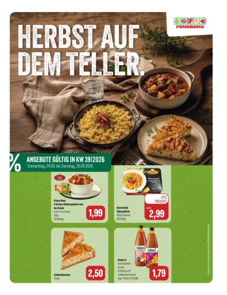 Feneberg Angebote im Prospekt ab 24.09.2026 (KW 38) Feneberg Angebote ab 24.09.2026 Seite 1 mit Angeboten für Rindergulasch, Käsespätzle, Zwiebelkuchen und hohes C
