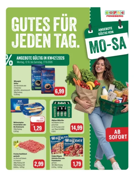 Feneberg Prospekt ab 12.10.2026 (KW 42) Feneberg Prospekt ab 12.10.2026 Seite 1 mit Mövenpick, Weihenstephan, Allgäuer Büble, Hackfleisch & Wagner