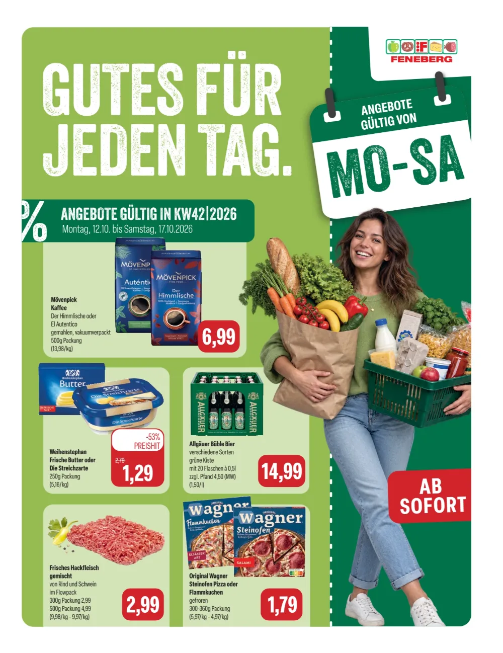 Feneberg Prospekt ab 12.10.2026 Seite 1 mit Mövenpick, Weihenstephan, Allgäuer Büble, Hackfleisch & Wagner