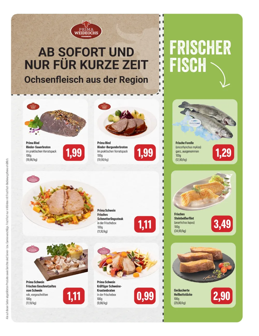 Feneberg Prospekt KW 42 Seite 3 mit Rinder-Sauerbraten, Forelle, Steinbeißerfilet & Krustenbraten