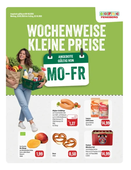 Feneberg Prospekt ab 28.09.2026 (KW 40) Feneberg Prospekt ab 28.09.2026 Seite 1 mit Allgäuer Schüblingen, Lavazza Kaffee, Bio-Mango, Brezen und Paulaner Bier.