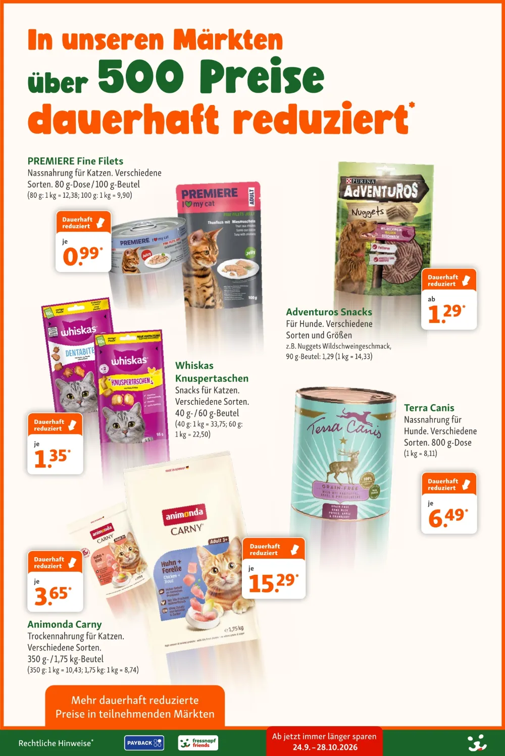 Fressnapf Prospekt ab 28.09.2026 Seite 3 mit Premiere Fine Filets, Whiskas, Purina Adventuros, Terra Canis und Animonda Carny.