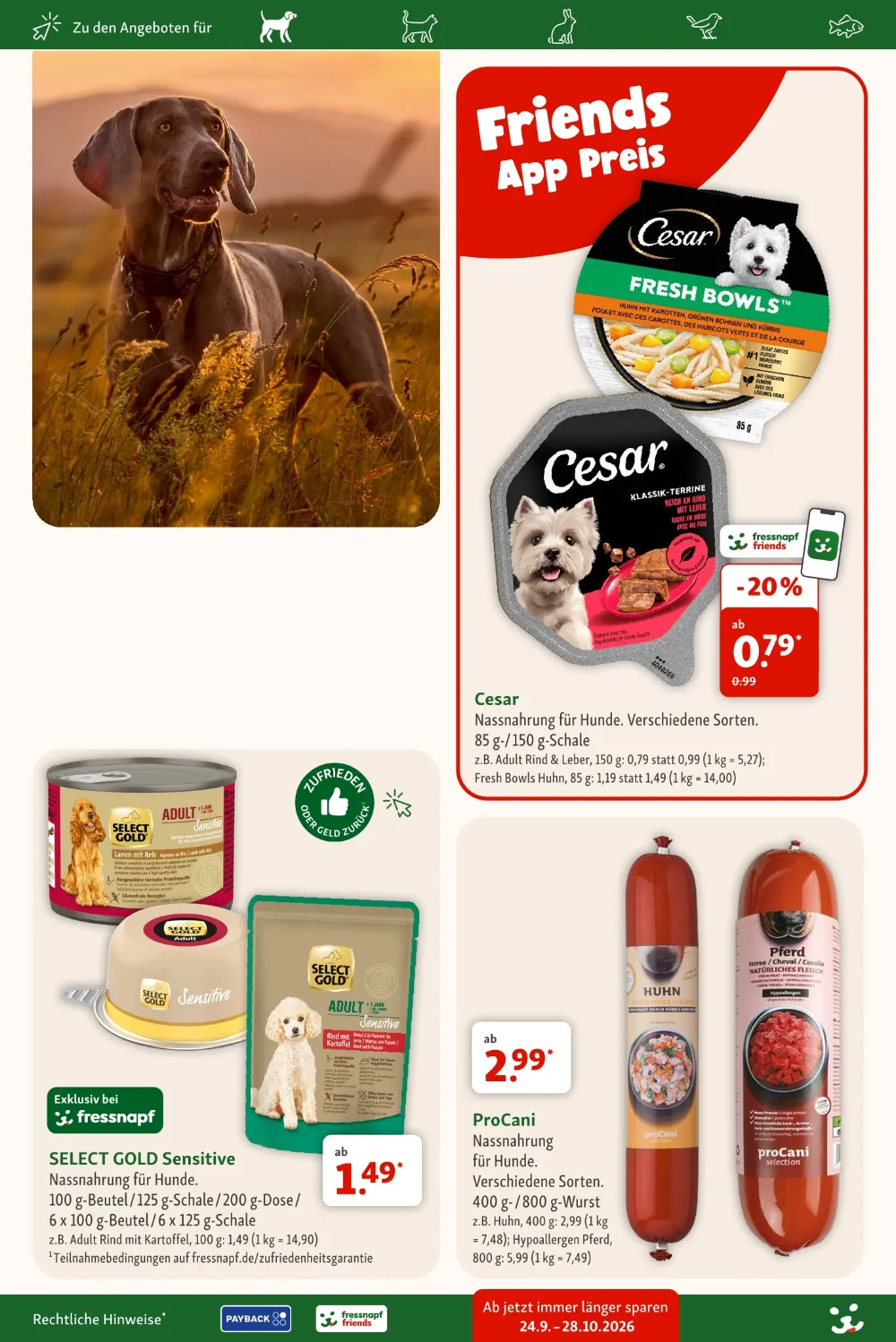 Fressnapf Prospekt ab 28.09.2026 Seite 5 mit Cesar Hundefutter, Select Gold Sensitive und ProCani Nassnahrung.
