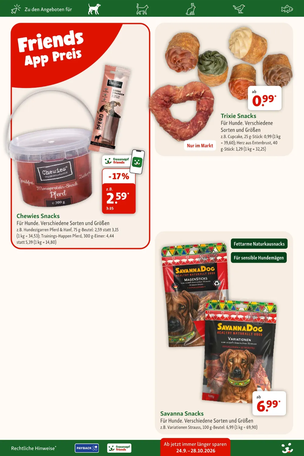 Fressnapf Prospekt ab 28.09.2026 Seite 6 mit Chewies Snacks, Trixie Snacks und SavannaDog Snacks.