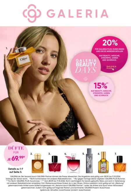 Galeria Karstadt Prospekt ab 28.09.2026 (KW 40– 41) Galeria Prospekt ab 28.09.2026 Seite 1 mit Chloé, Burberry, Valentino, Lancôme, YSL und Gucci Düften.