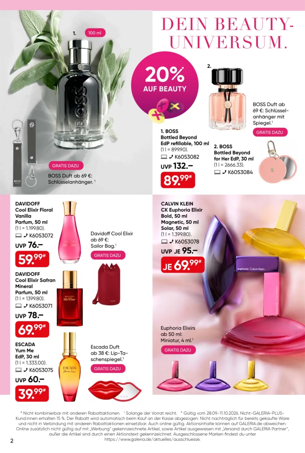 Galeria Prospekt KW40 Seite 2 mit BOSS Bottled, Davidoff Cool Elixir, Escada Yum Me und Calvin Klein Euphoria.