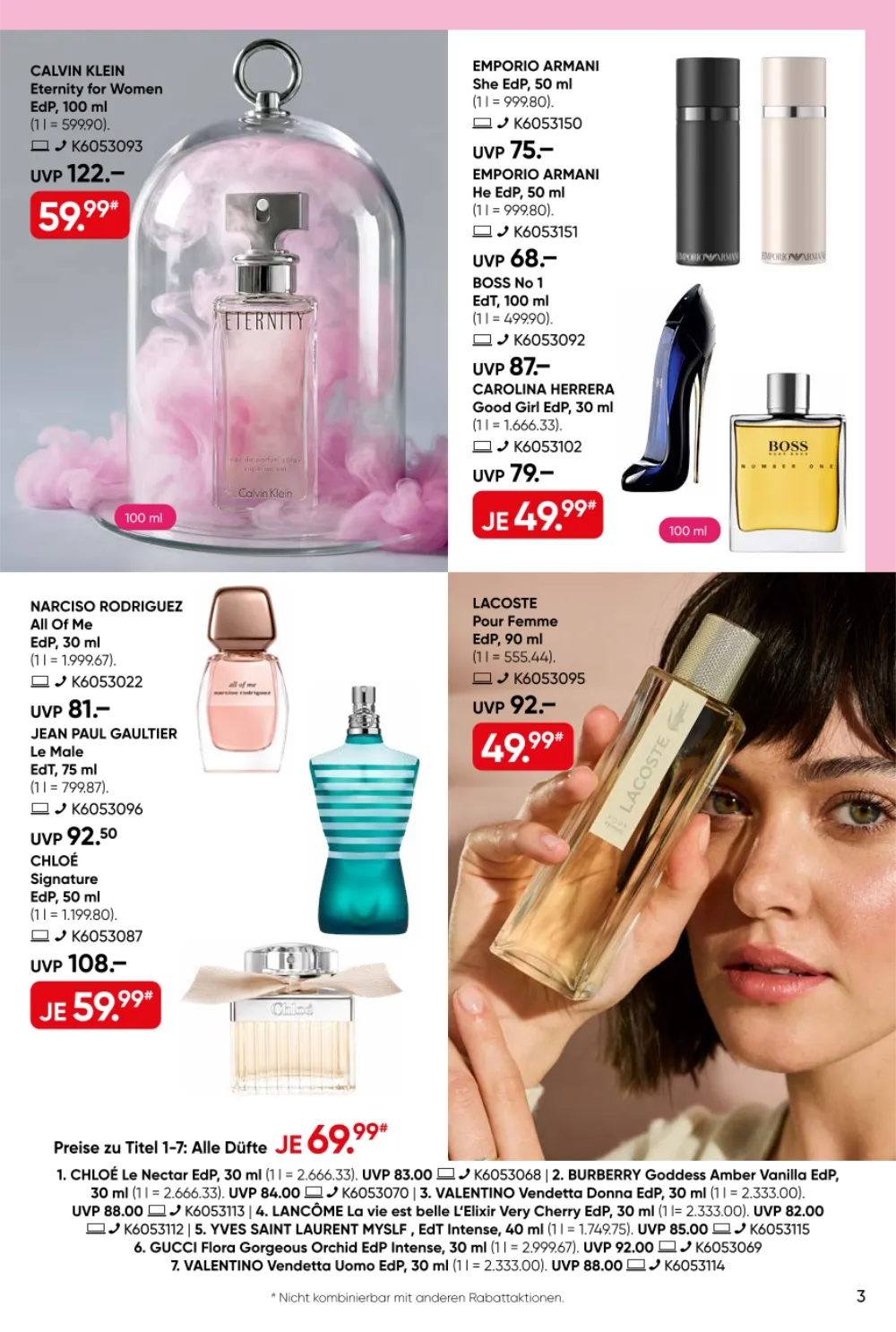 Galeria Prospekt KW40 Seite 3 mit Calvin Klein Eternity, Emporio Armani, Boss No 1, Good Girl und Lacoste.