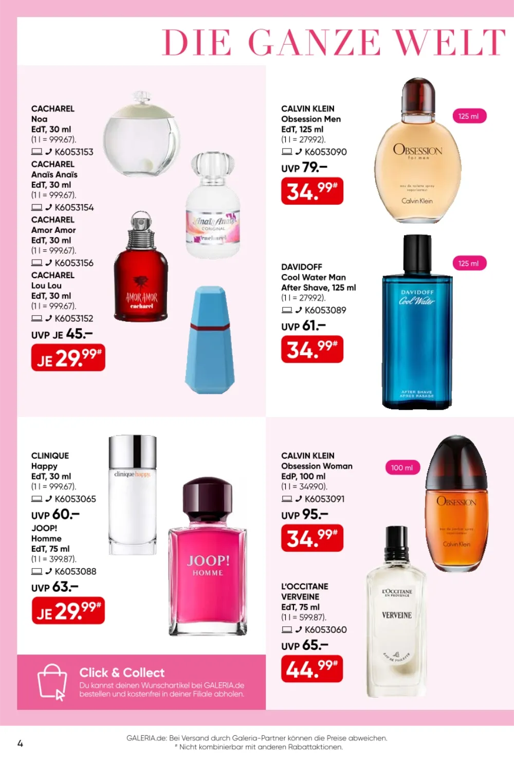 Galeria Prospekt KW40 Seite 4 mit Cacharel Düften, Calvin Klein Obsession, Davidoff Cool Water und Joop! Homme.