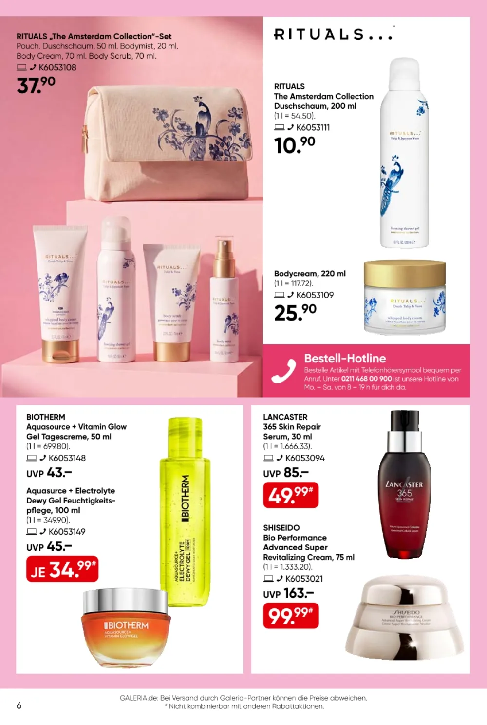 Galeria Prospekt KW40 Seite 6 mit Rituals Amsterdam Collection, Biotherm Aquasource und Shiseido Cream.