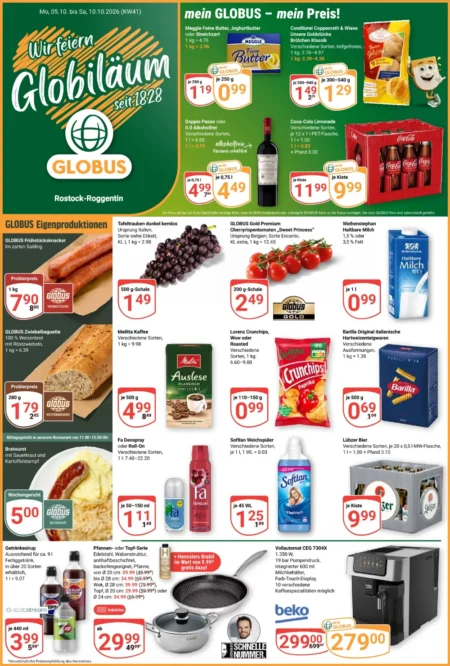 Globus Angebote im Prospekt ab 05.10.2026 (KW 39 ) Nord Globus Angebote ab 05.10.2026 Seite 1 mit Angeboten für Meggle Butter, Brötchen, Melitta Kaffee und Coca-Cola.